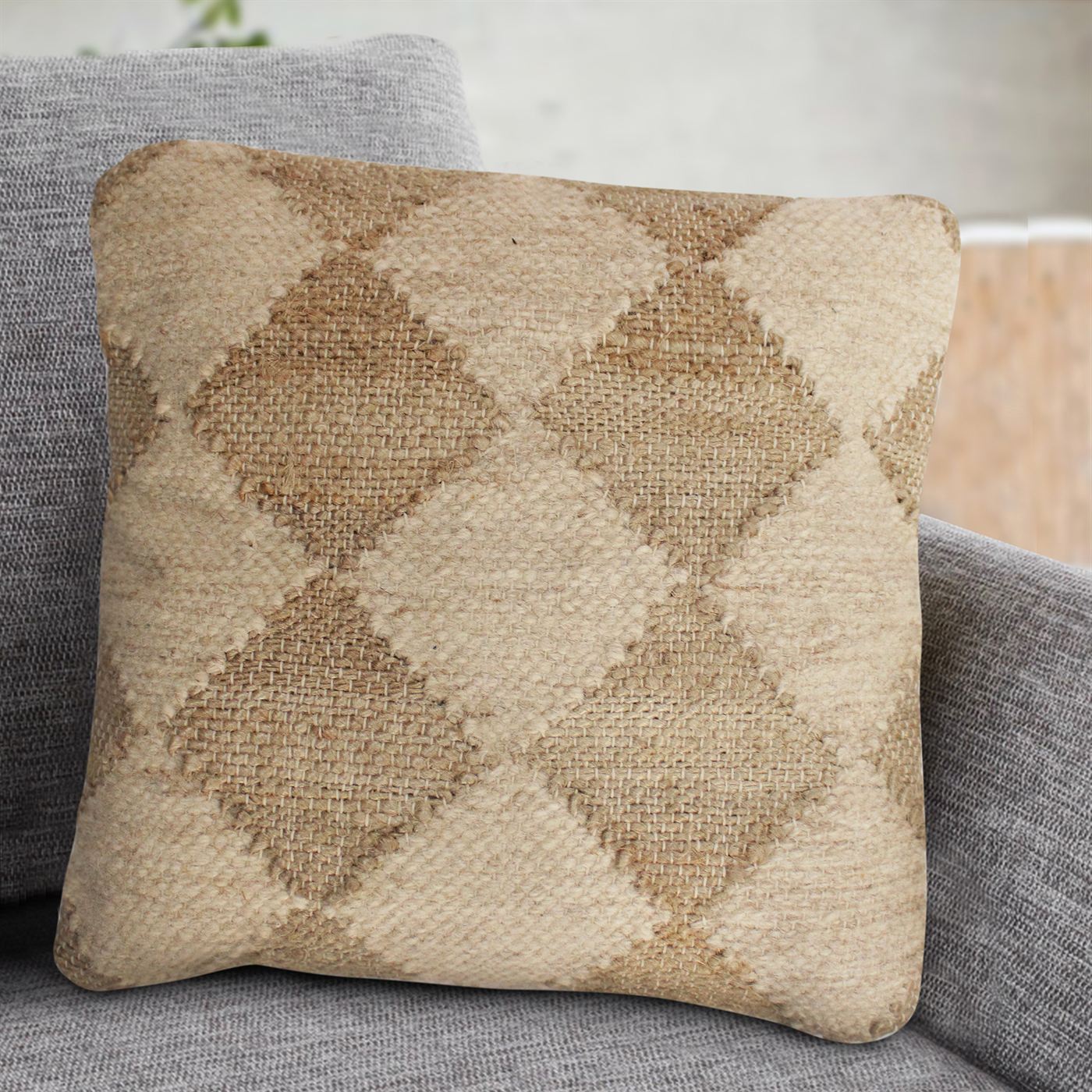 Achen Cushion, Jute, Wool, Natural, Natural White, Punja, Flat Weave