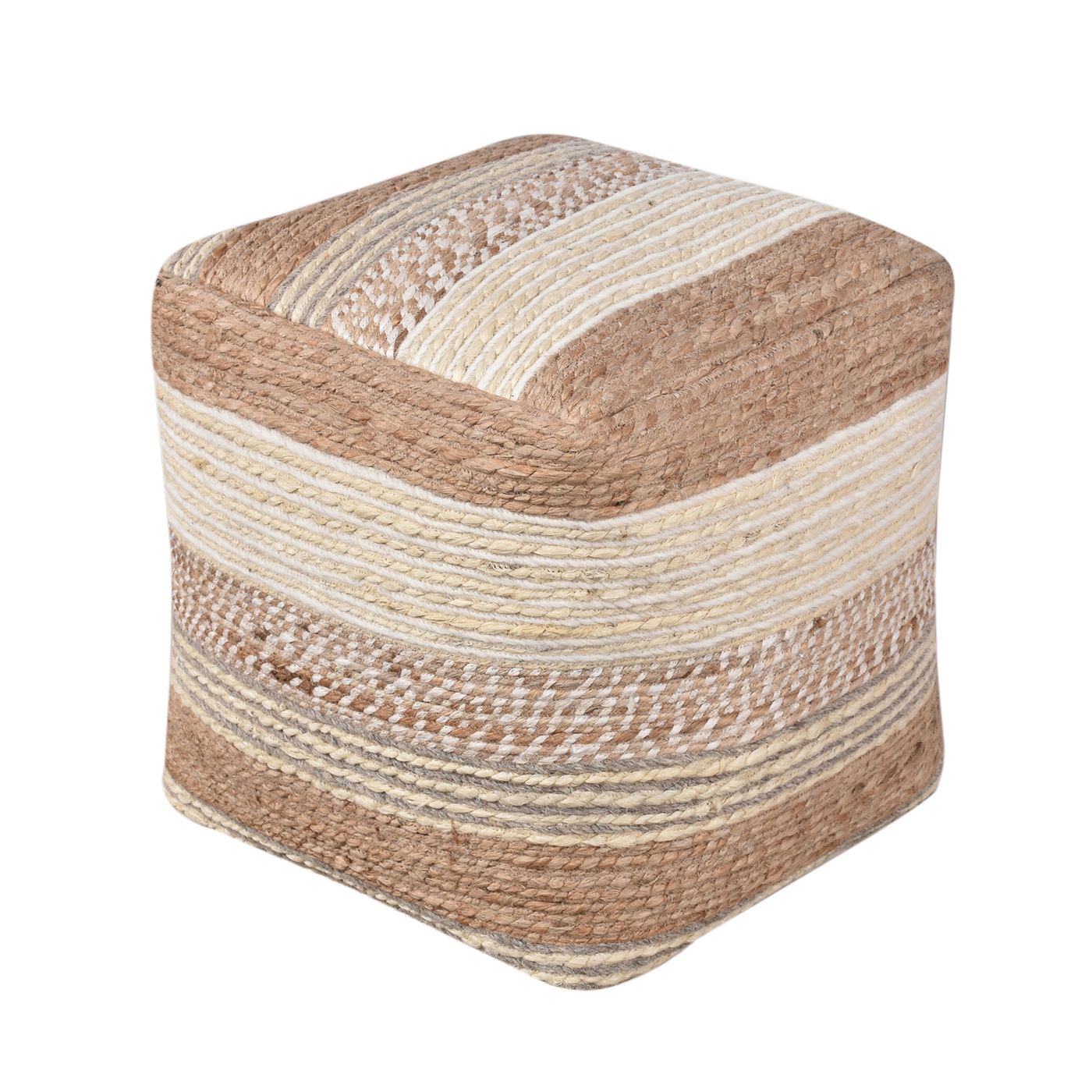 Alsop Pouf, Jute, Wool, Natural, Natural White, Hm Stitching, Flat Weave