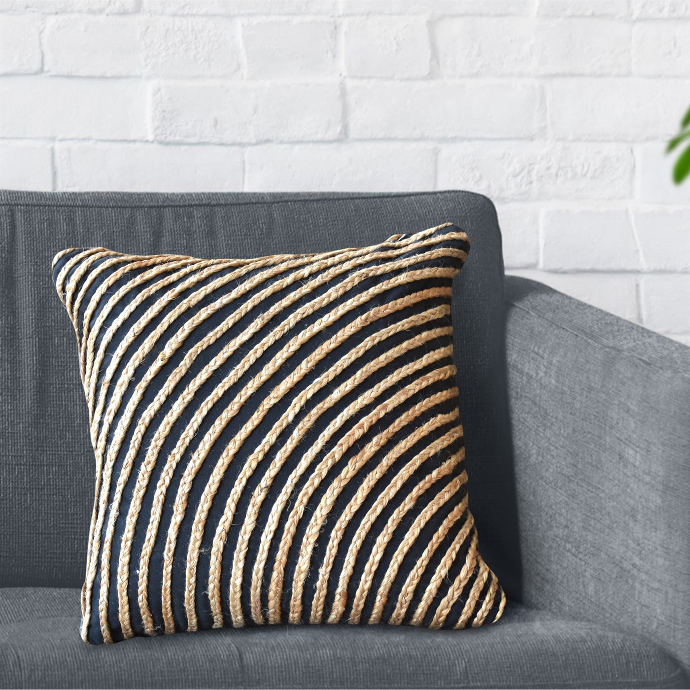 Amaka Pillow, Hemp, Cotton, Natural, Charcoal, Hm Stitching, Flat Weave