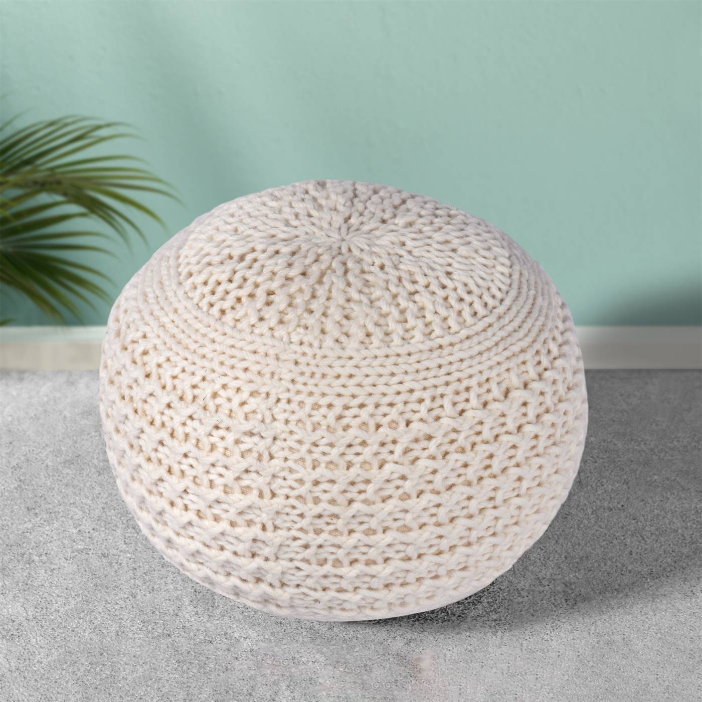 Ardino Pouf, 50x50x35 cm, Natural White, Wool, Hand Knitted, Hm Knitted, Flat Weave