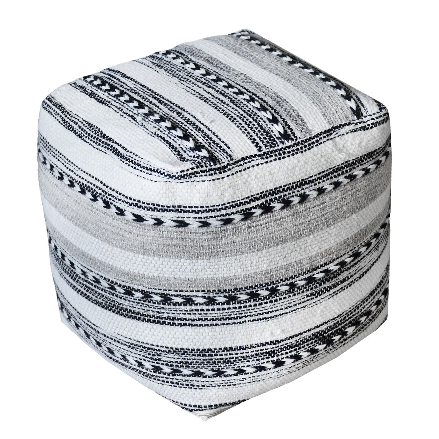 Arsanio Pouf, Wool, Natural White, Grey, Charcoal, Pitloom, Flat Weave