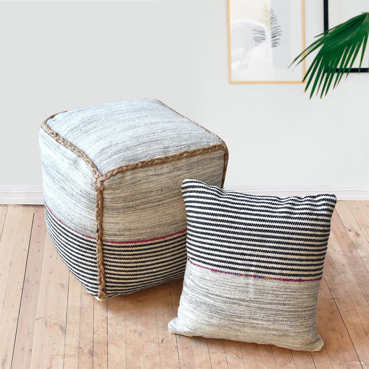 Arta Pouf, Hemp, Wool, Recycled Fabric, Natural, Charcoal, Multi, Pitloom, Cut And Loop