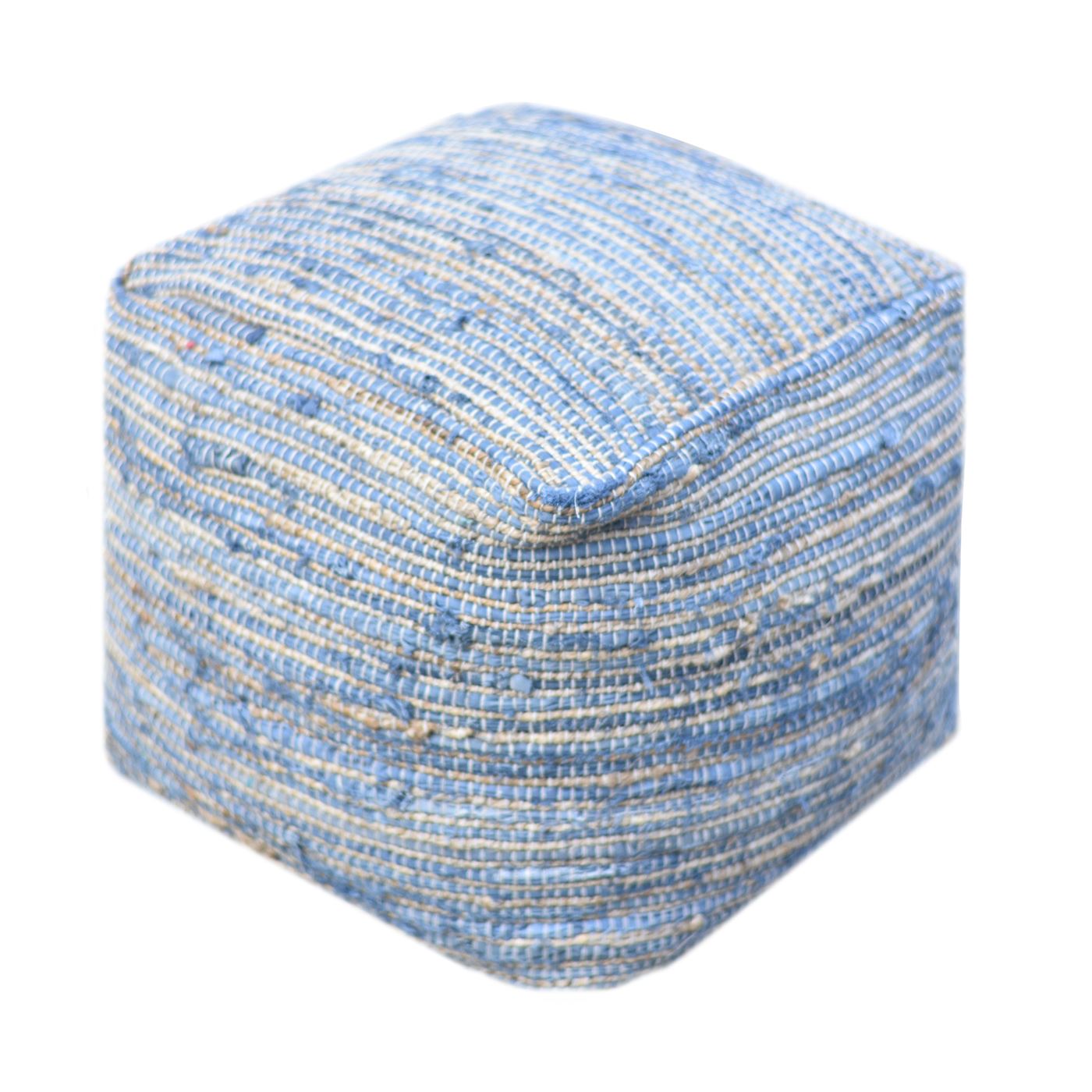 Arya Pouf, Hemp, Recycled Fabric, Blue, Pitloom, Flat Weave