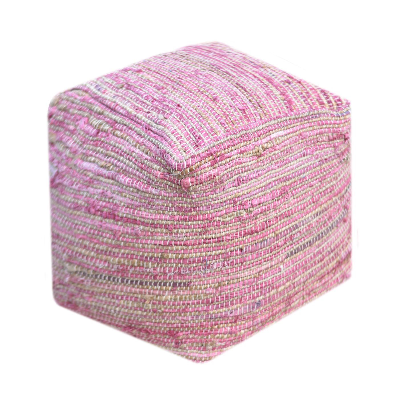 Arya Pouf, Hemp, Recycled Fabric, Bubble Gum, Pitloom, Flat Weave