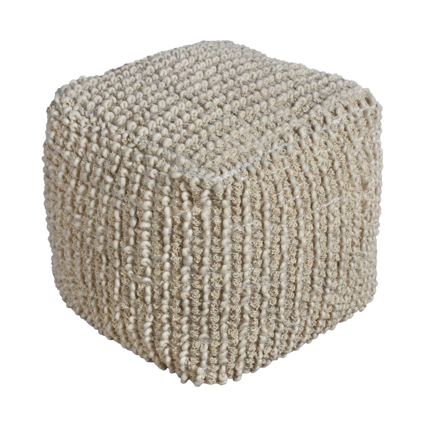 Avers Pouf, 40x40x40 cm, Natural White, Wool, Hand Woven, Pitloom, All Loop