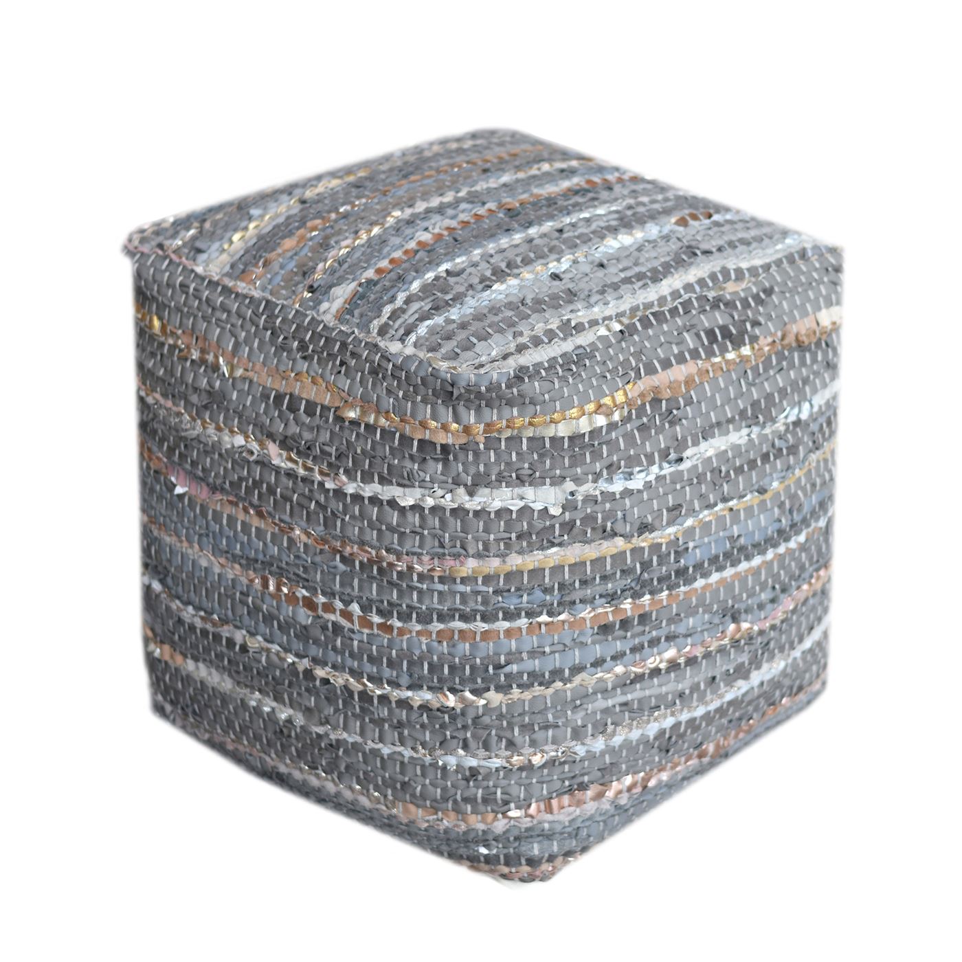 Ayana Pouf, Leather, Pu, Grey, Pitloom, Flat Weave 