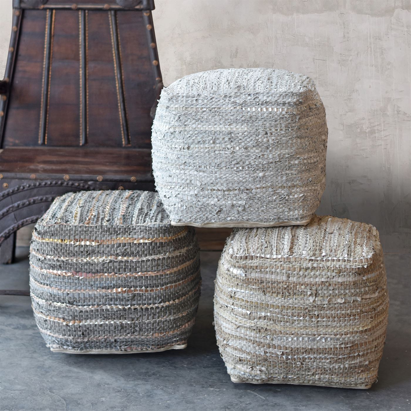 Ayana Pouf, Leather, Pu, Pitloom, Flat Weave 