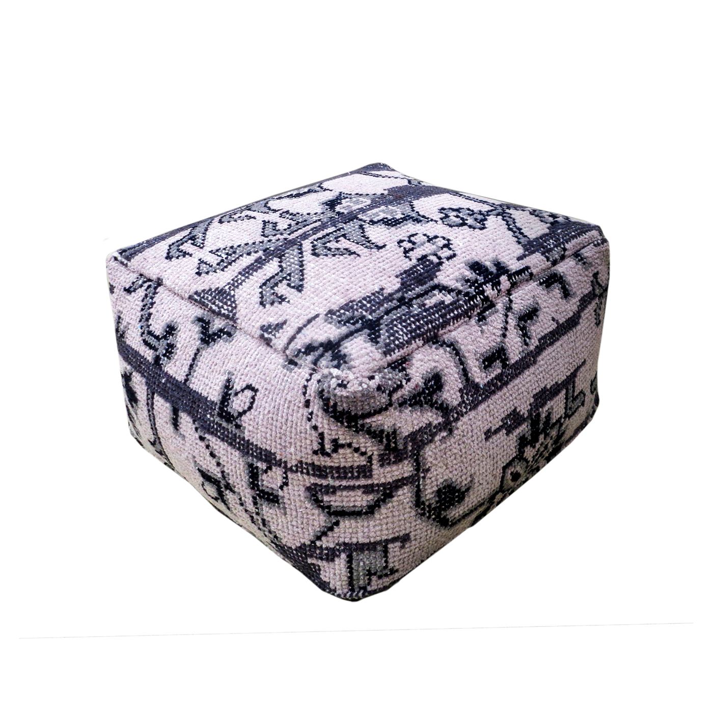 Bastille Cuboid Pouf, Wool, Grey, Black, Hand knotted, All Cut