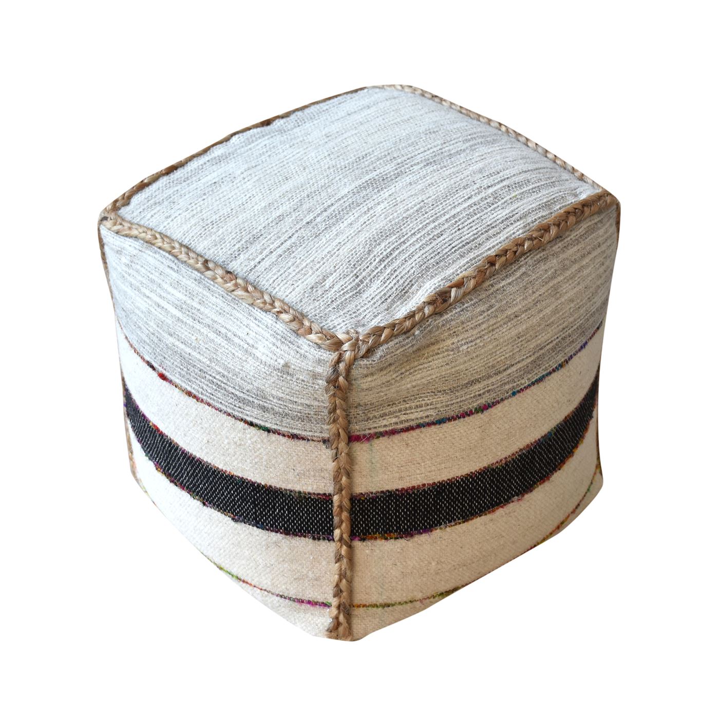 Bervie Pouf, Hemp, Wool, Recycled Fabric, Natural, Charcoal, Multi, Pitloom, Flat Weave