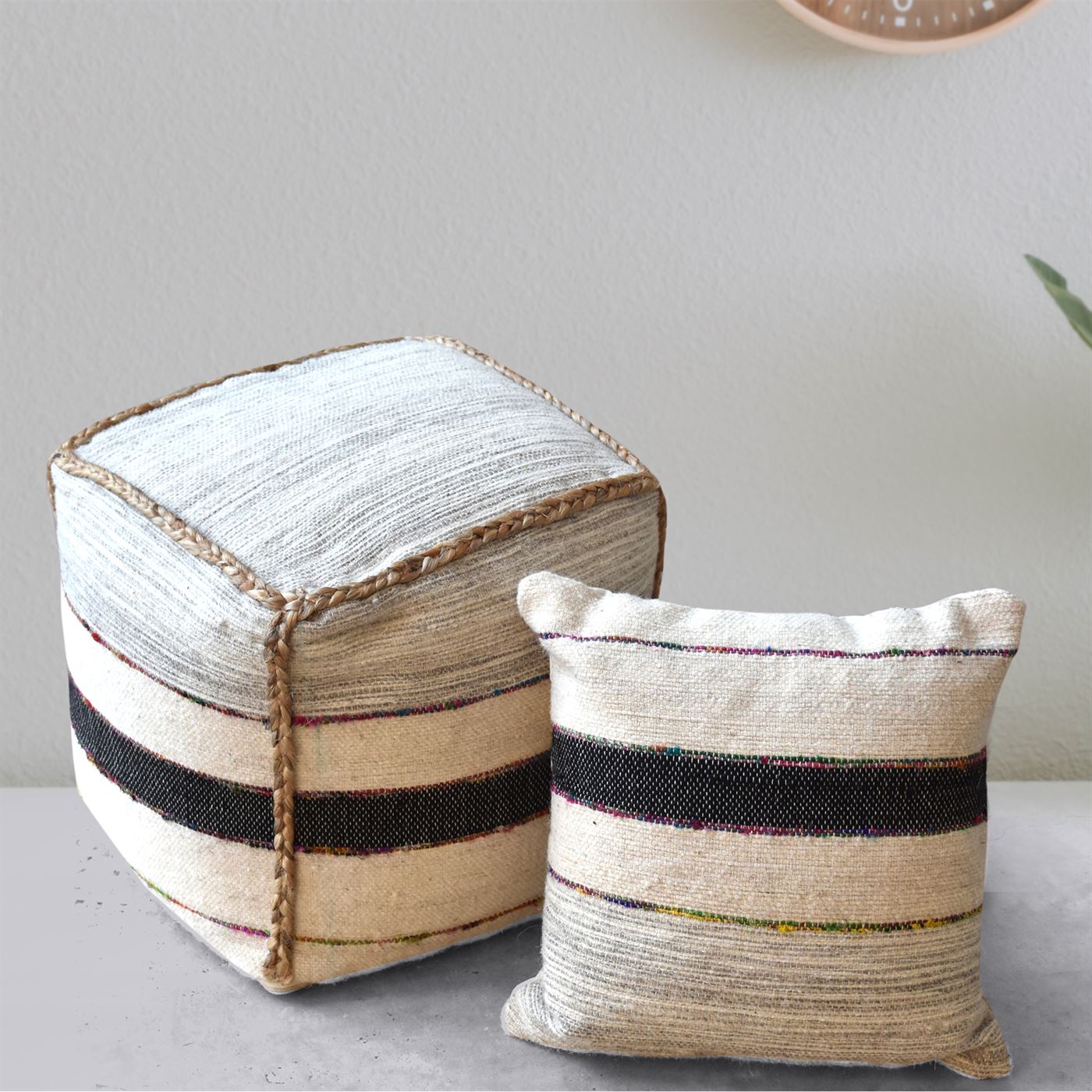 Bervie Pouf, Hemp, Wool, Recycled Fabric, Natural, Charcoal, Multi, Pitloom, Flat Weave