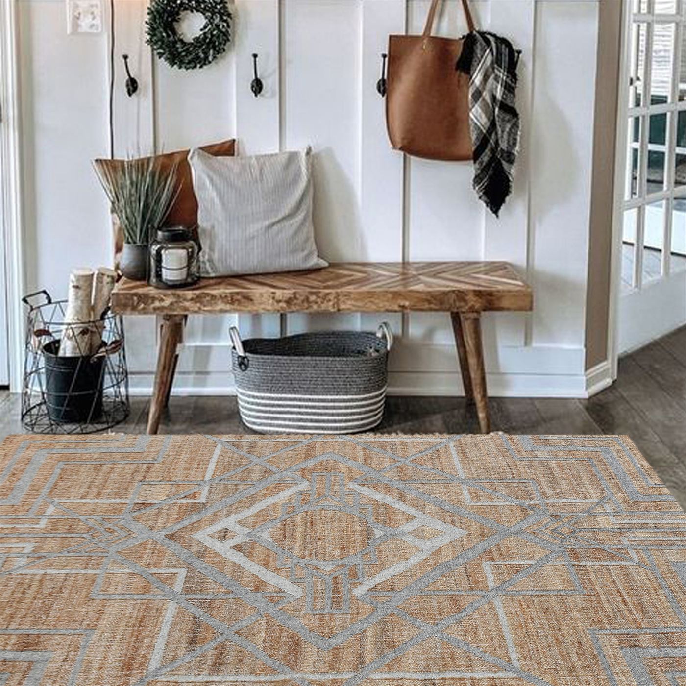 Area Rug, Bedroom Rug, Living Room Rug, Living Area Rug, Indian Rug, Office Carpet, Office Rug, Shop Rug Online, Hemp, Wool, Natural, Grey, Punja, Flat Weave, geometric 