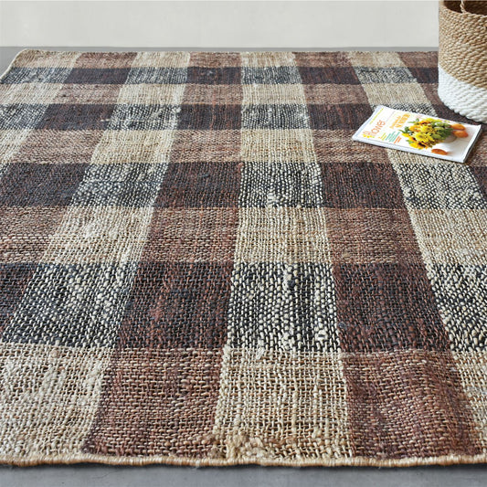 Area Rug, Bedroom Rug, Living Room Rug, Living Area Rug, Indian Rug, Office Carpet, Office Rug, Shop Rug Online, Hemp, Brown, Natural, Punja, Flat Weave , Checkers