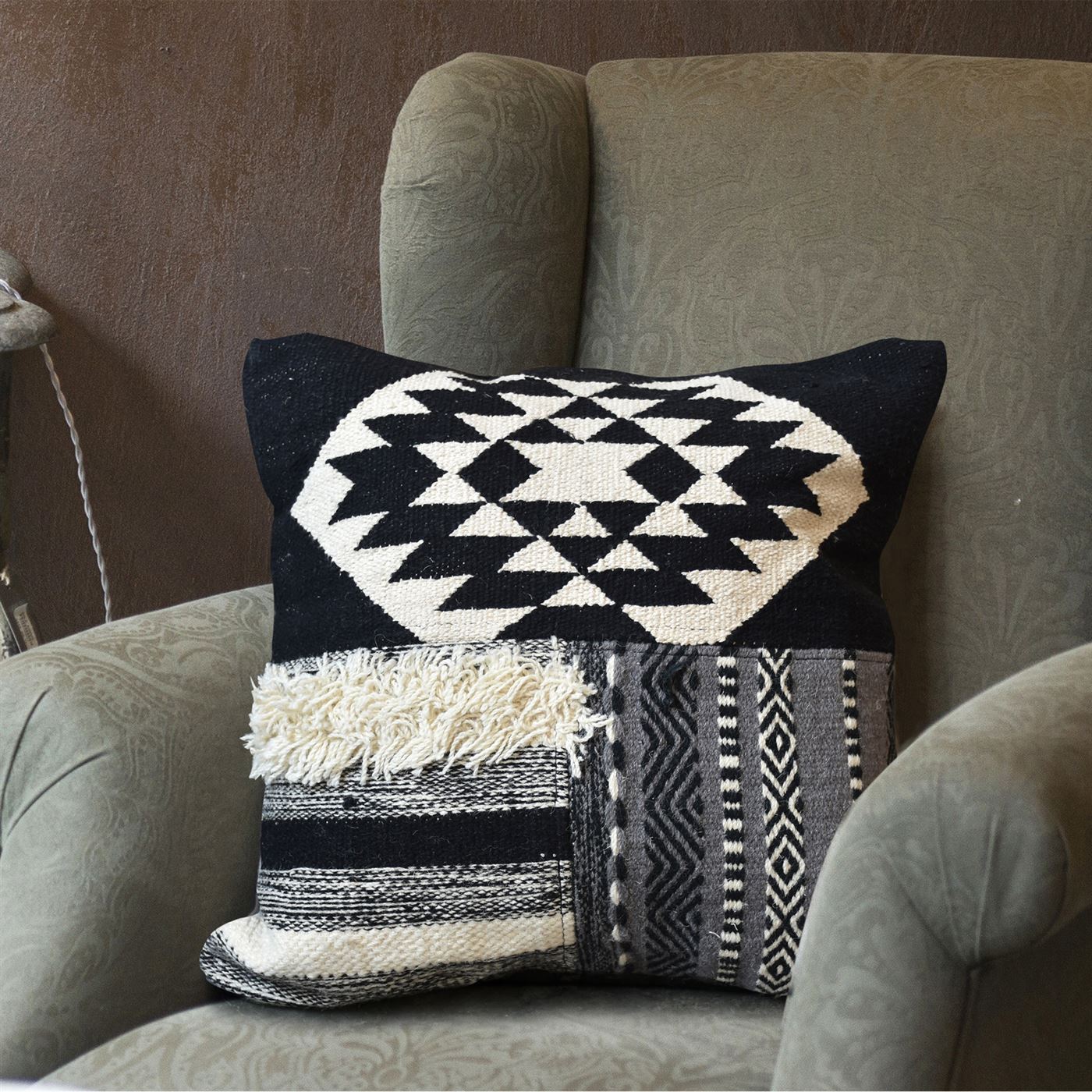 Carmor Pillow, Wool, Cotton, Natural White, Charcoal, Pitloom, Flat Weave