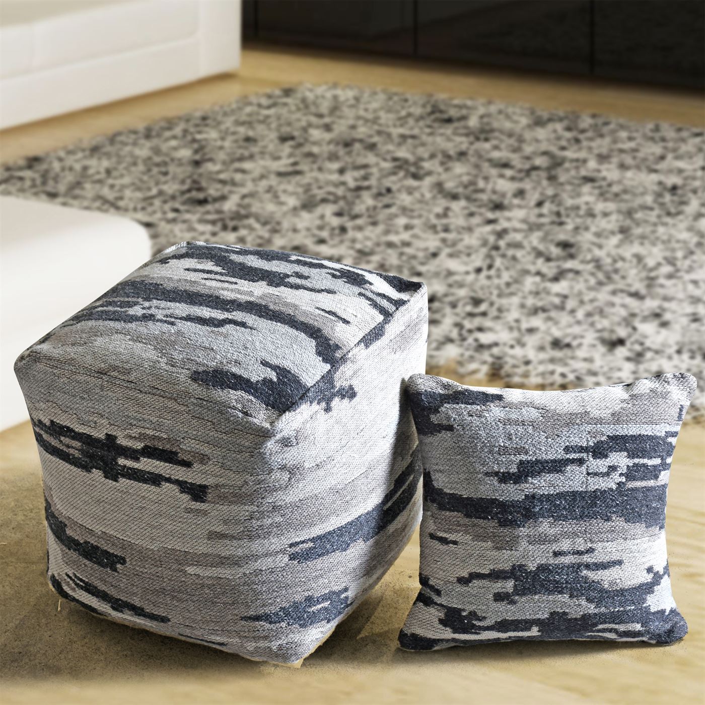 Citala Pouf, Wool, Pet, Beige, Grey, Jaquard Durry, Flat Weave