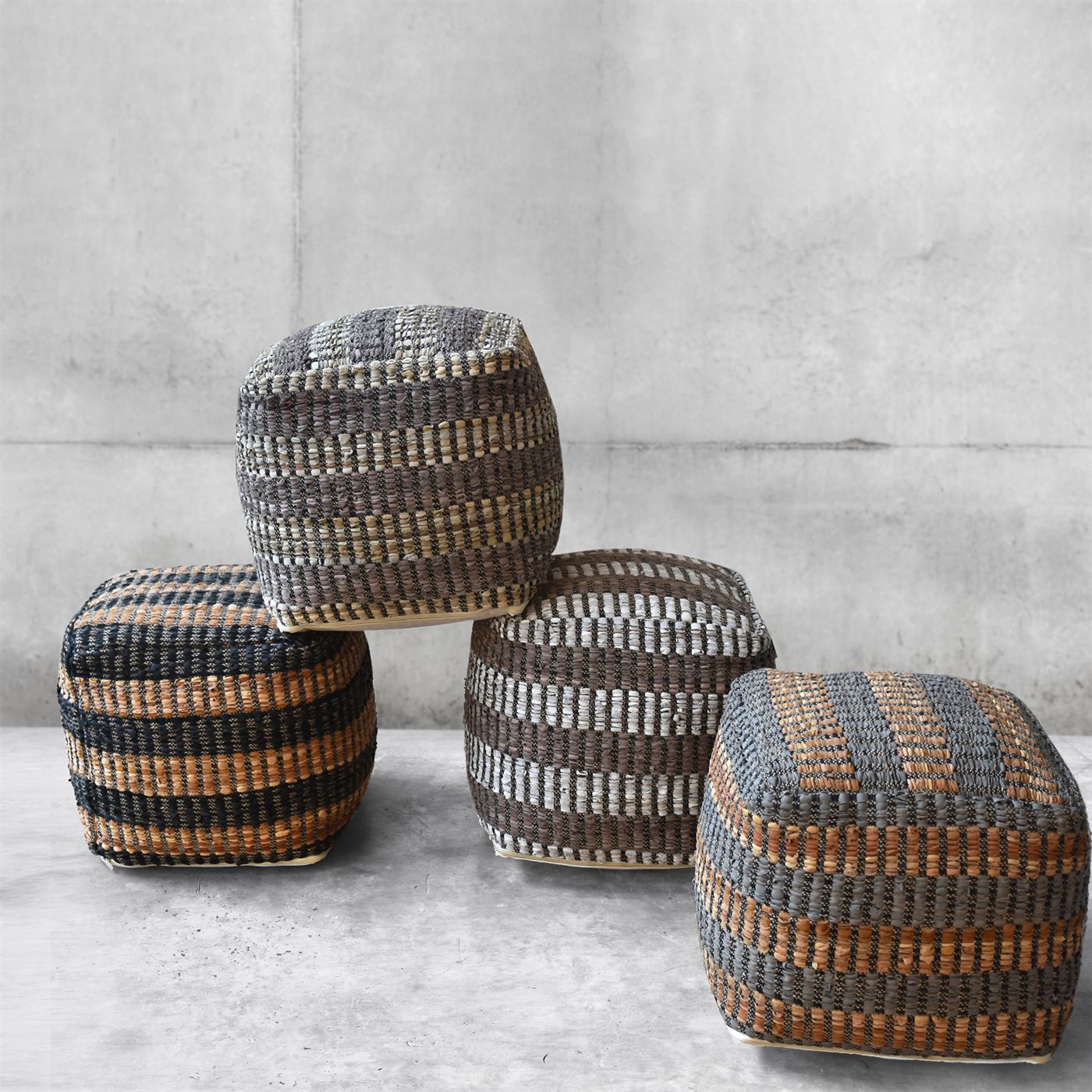 Cranley Pouf, Leather, Hemp, Pitloom, Flat Weave