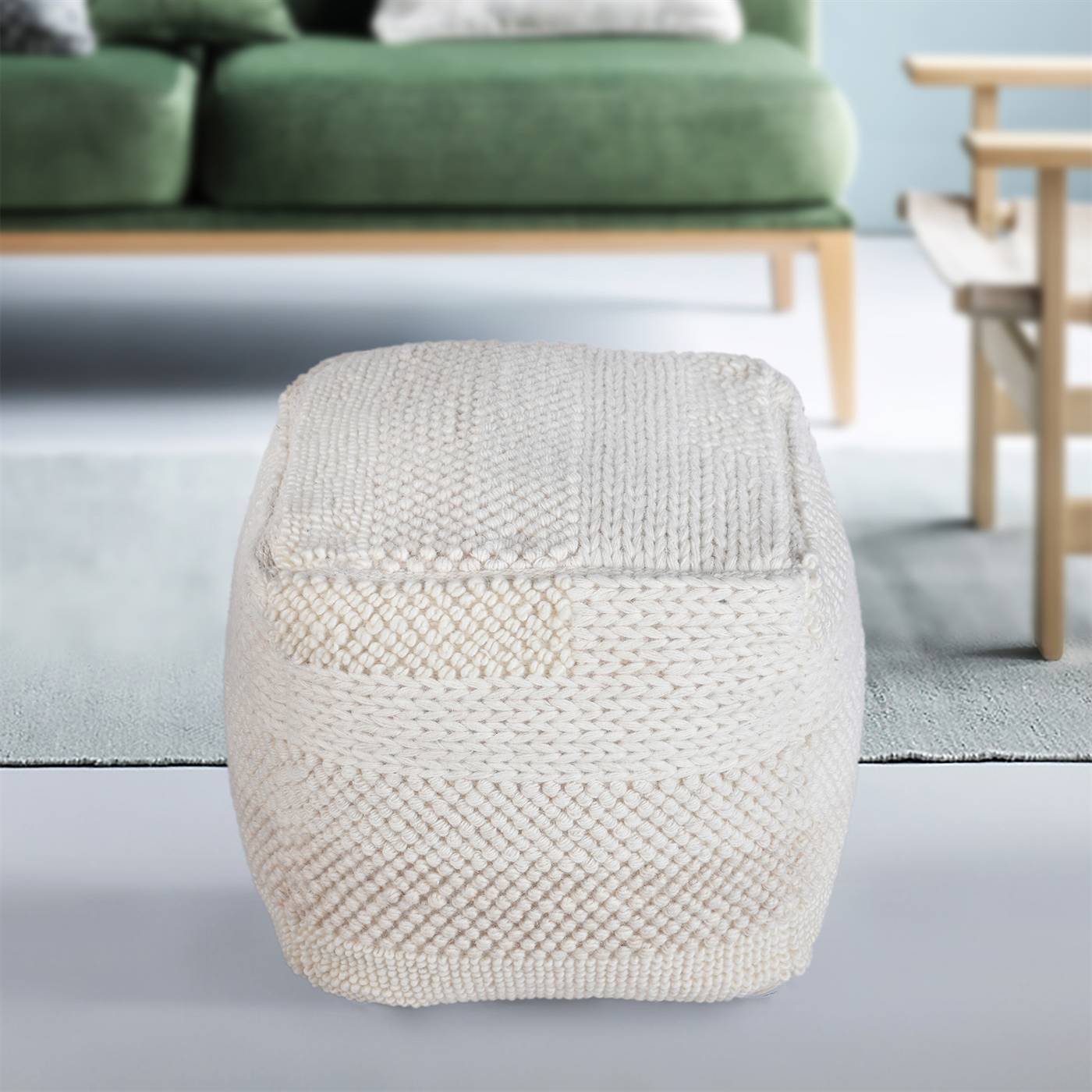 Cyrilla Pouf, 40x40x40 cm, Natural White, Wool, Hand Woven, Pitloom, All Loop
