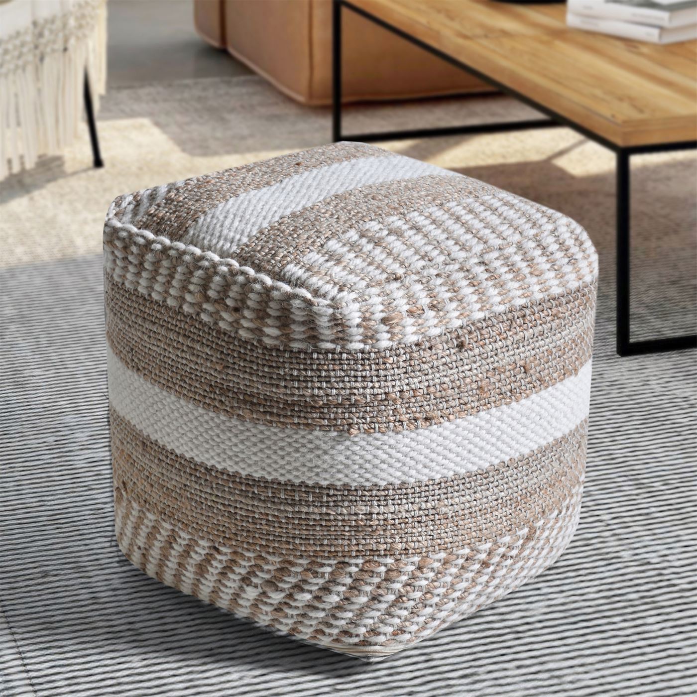 Dennington Pouf, Hemp, Wool, Beige, Natural, Pitloom, Flat Weave