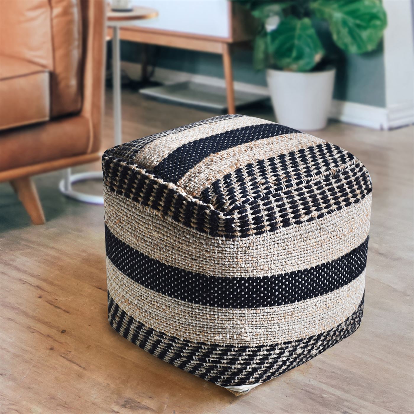 Dennington Pouf, Hemp, Wool, Charcoal, Natural, Pitloom, Flat Weave