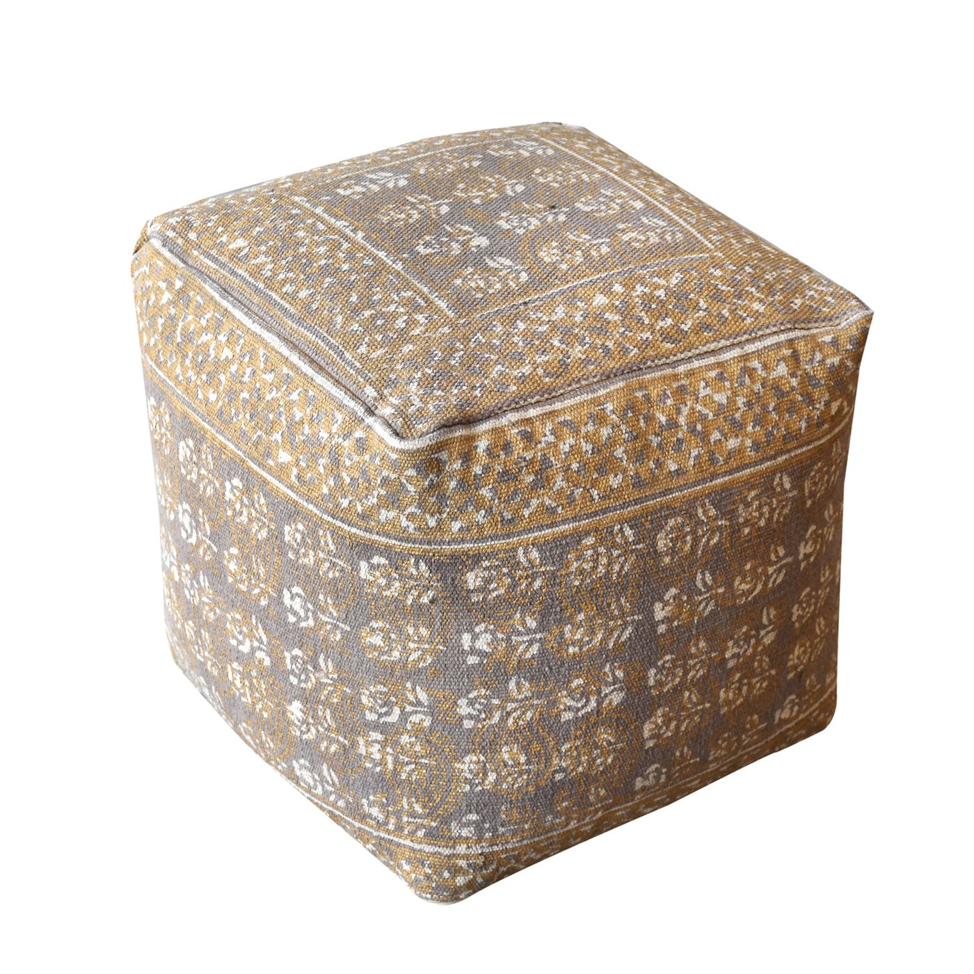Domelo Pouf , Cotton, Printed, Taupe, Gold, Pitloom, Flat Weave