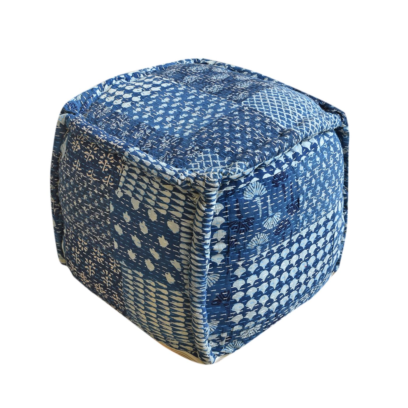 Donora Pouf, Cotton, Printed, Blue, Pitloom, Flat Weave