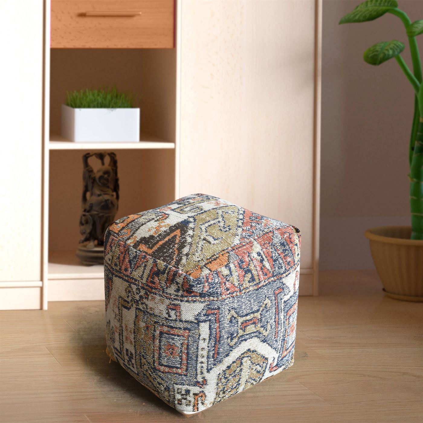 Dufex Pouf, Cotton Chenille, Multi, Jaquard Durry, Flat Weave