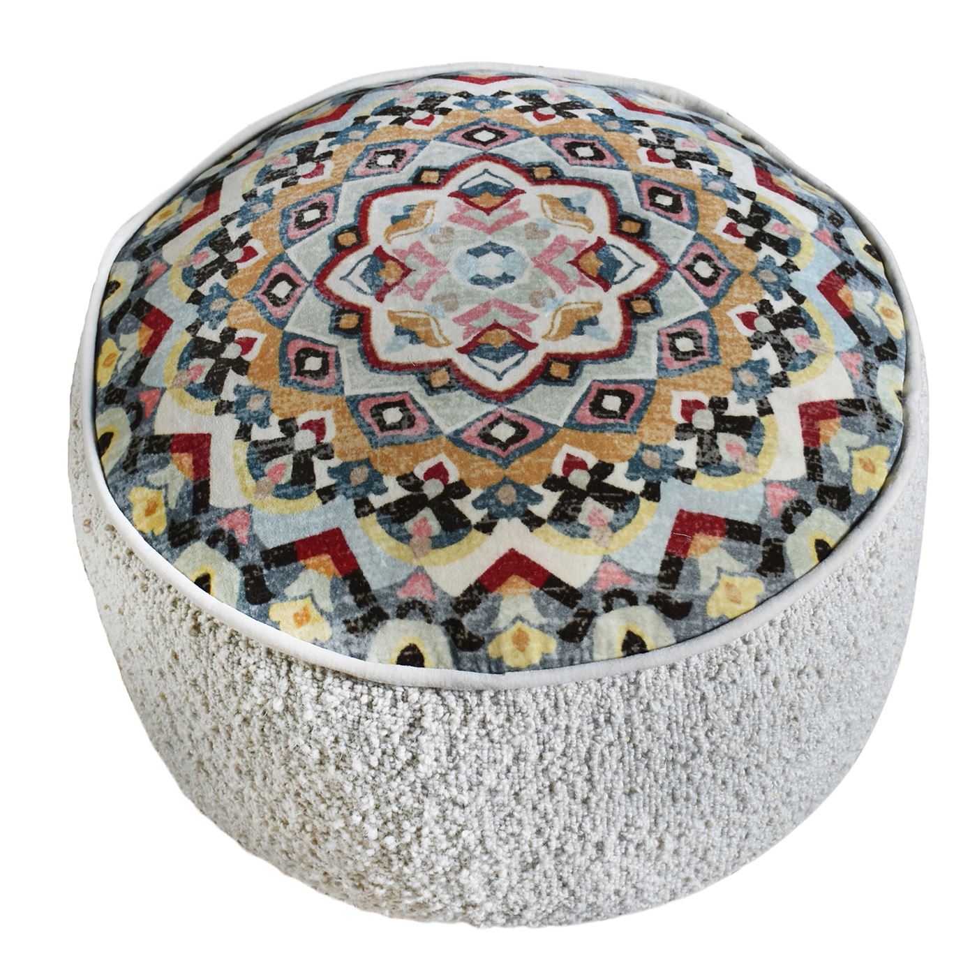 Durrus Pouf, Wool, Cotton Velvet, Natural White, Multi, Hand woven, Flat Weave