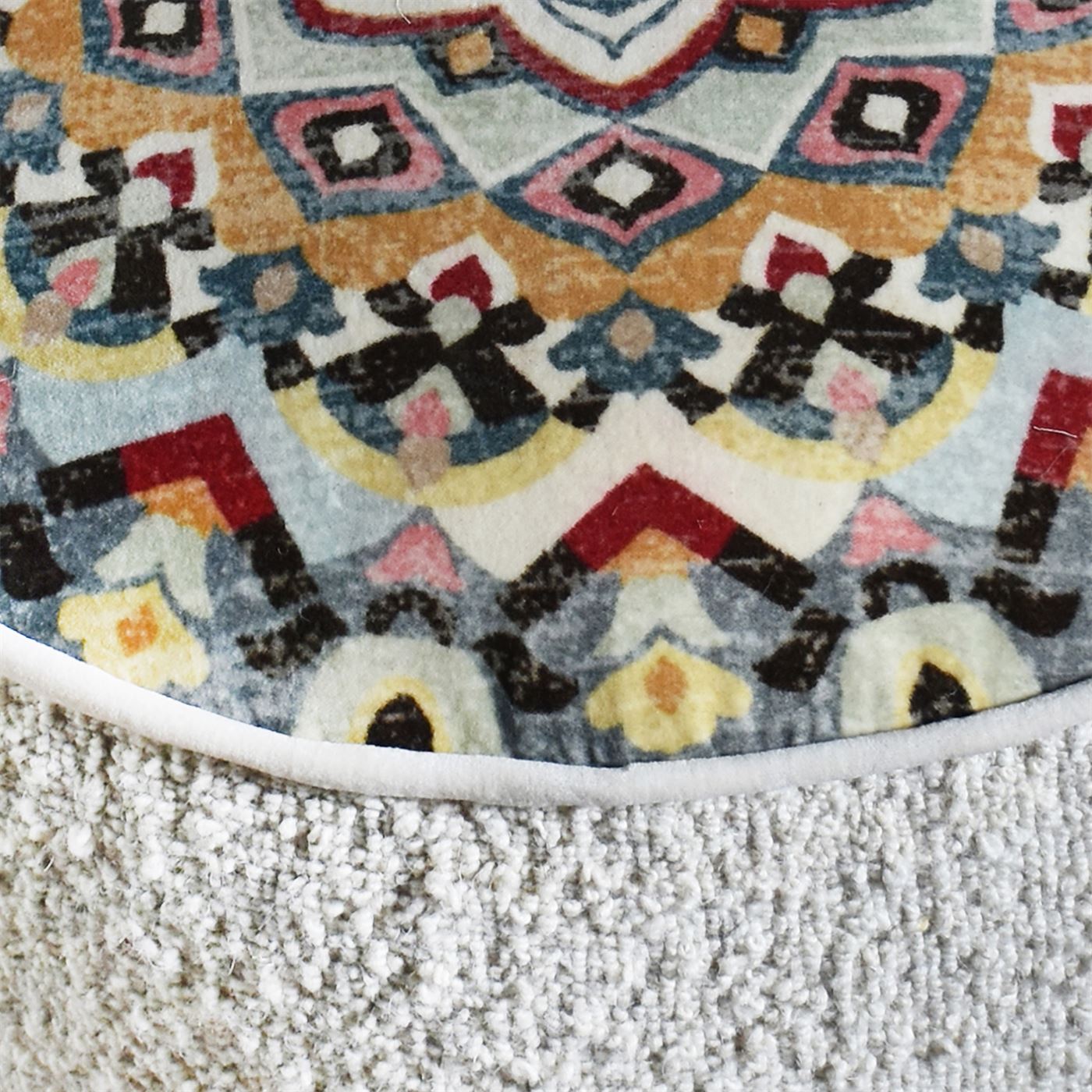Durrus Pouf, Wool, Cotton Velvet, Natural White, Multi, Hand woven, Flat Weave