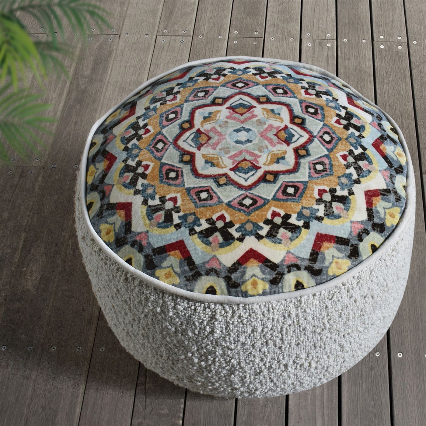 Durrus Pouf, Wool, Cotton Velvet, Natural White, Multi, Hand woven, Flat Weave