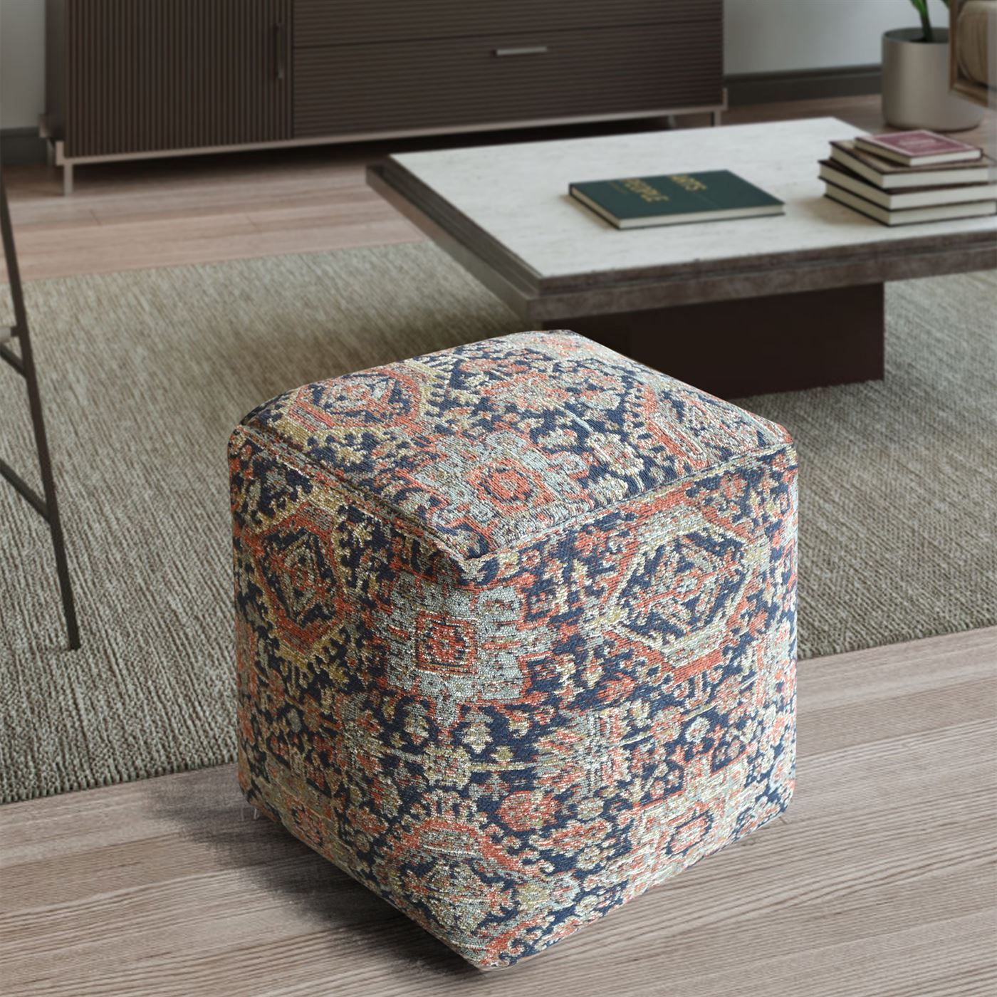 Edisto Pouf, Cotton Chenille, Multi, Jaquard Durry, Flat Weave