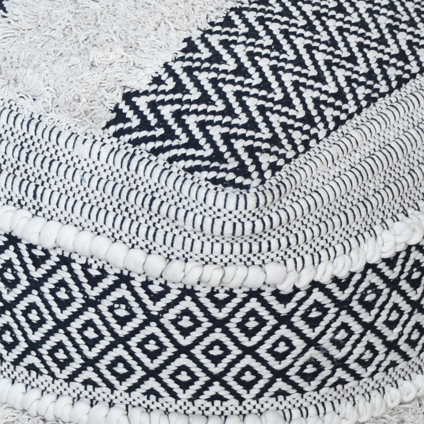 Ekali Pouf, Cotton, Natural White, Charcoal, HANDWOVEN / ALL CUT
