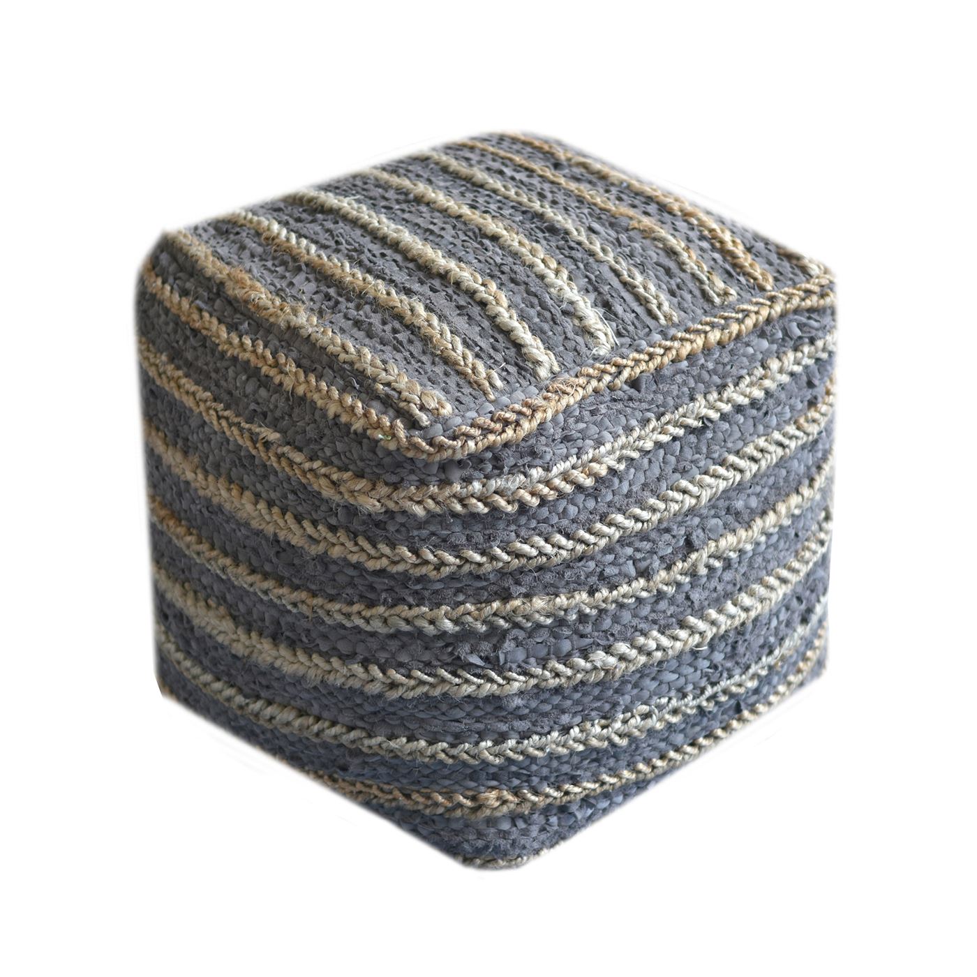 Estella Pouf , Leather, Hemp, Charcoal, Pitloom, Flat Weave