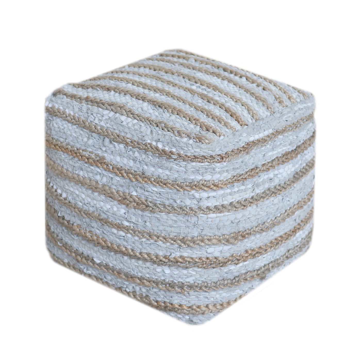 Estella Pouf , Leather, Hemp, Stone, Pitloom, Flat Weave
