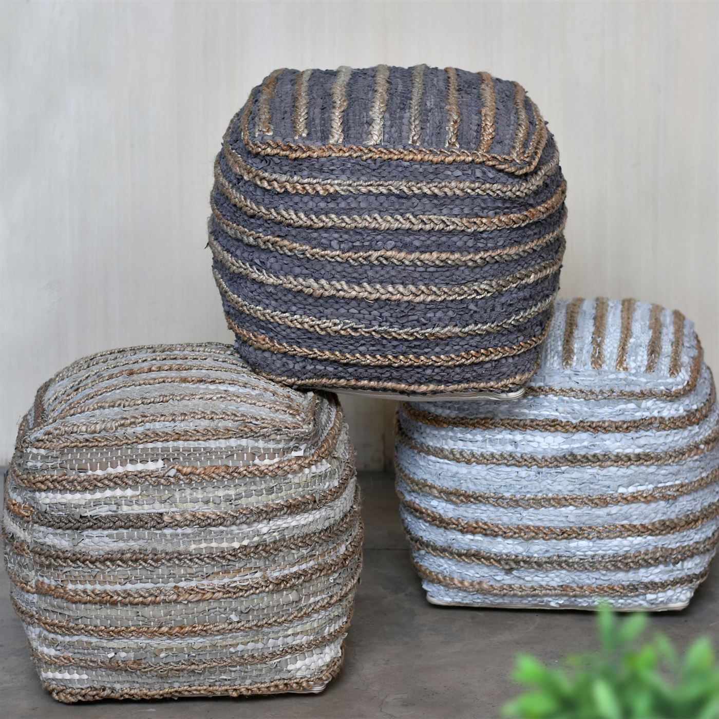 Estella Pouf , Leather, Hemp, Pitloom, Flat Weave