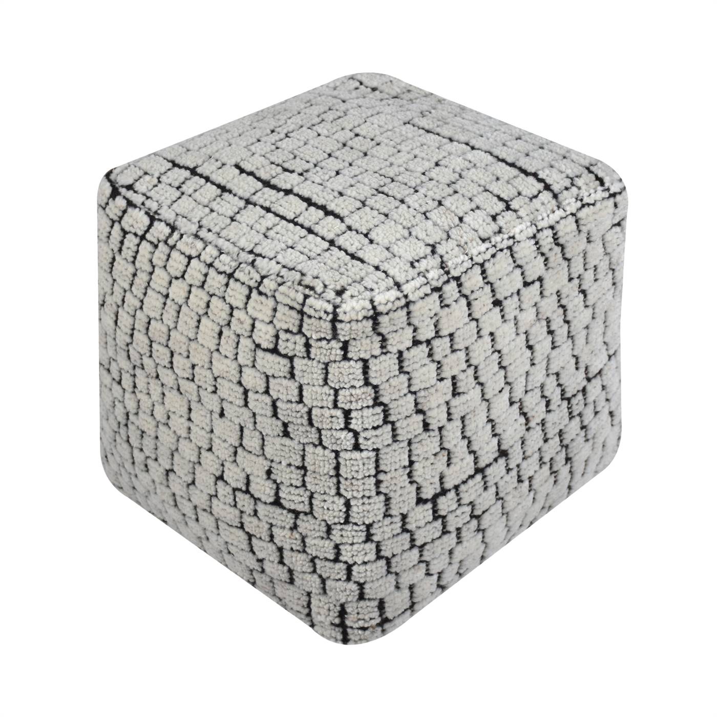 Floudes Pouf, 40x40x40 cm, Natural White, Wool, Hand Knotted, Handknotted, All Cut
