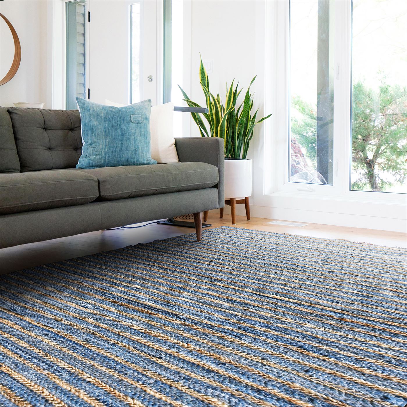 Area Rug, Bedroom Rug, Living Room Rug, Living Area Rug, Indian Rug, Office Carpet, Office Rug, Shop Rug Online, Denim, Hemp, Blue, Natural, Pitloom, Flat Weave, Stripes