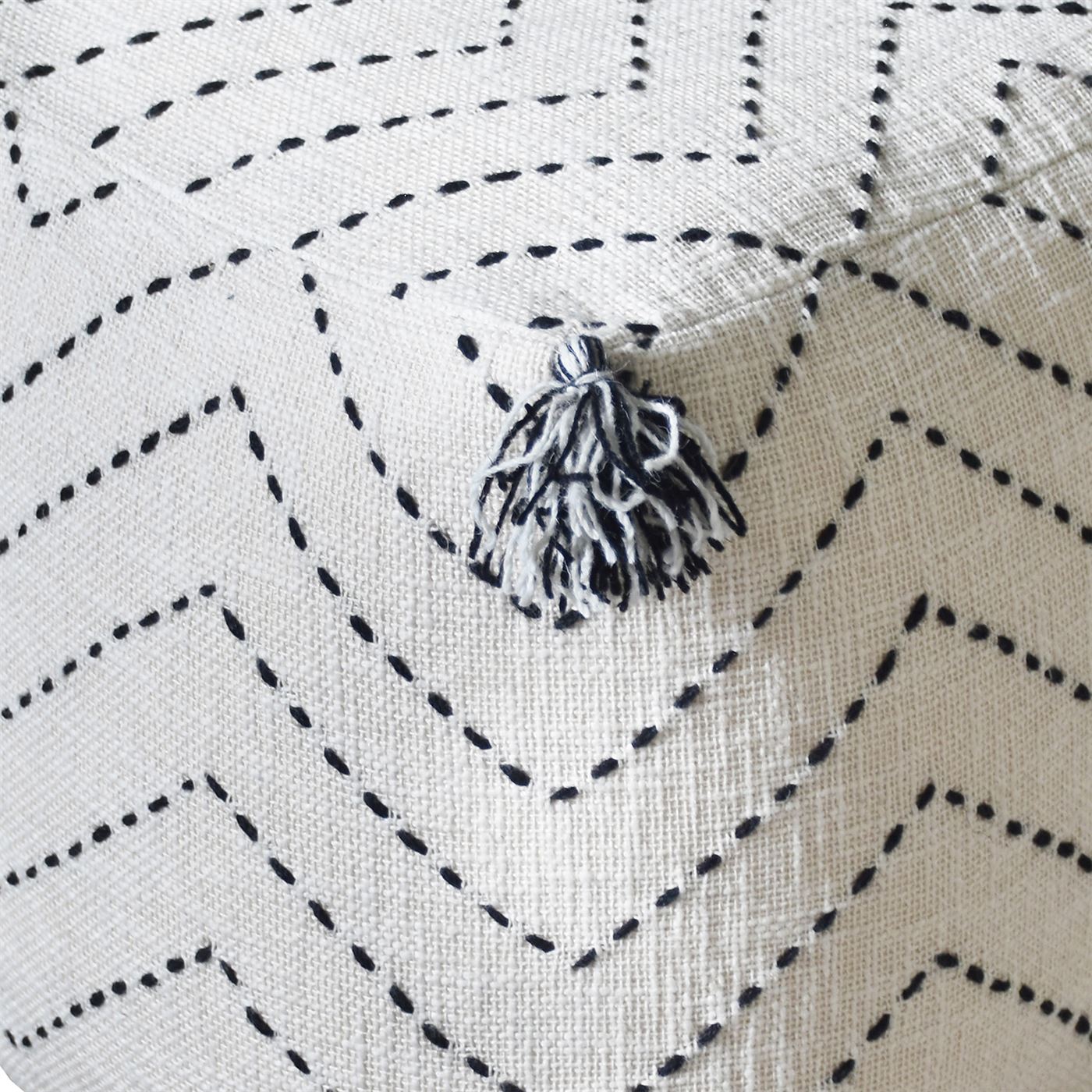 Frissell Pouf, Cotton, Wool, Natural White, Charcoal, Hm Stitching, Flat Weave