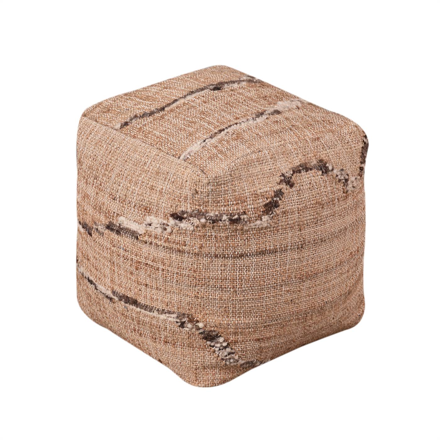 Grebe Pouf, 40x40x40 cm, Natural, Brown, Jute, Wool, Hand Woven, Pitloom, Flat Weave