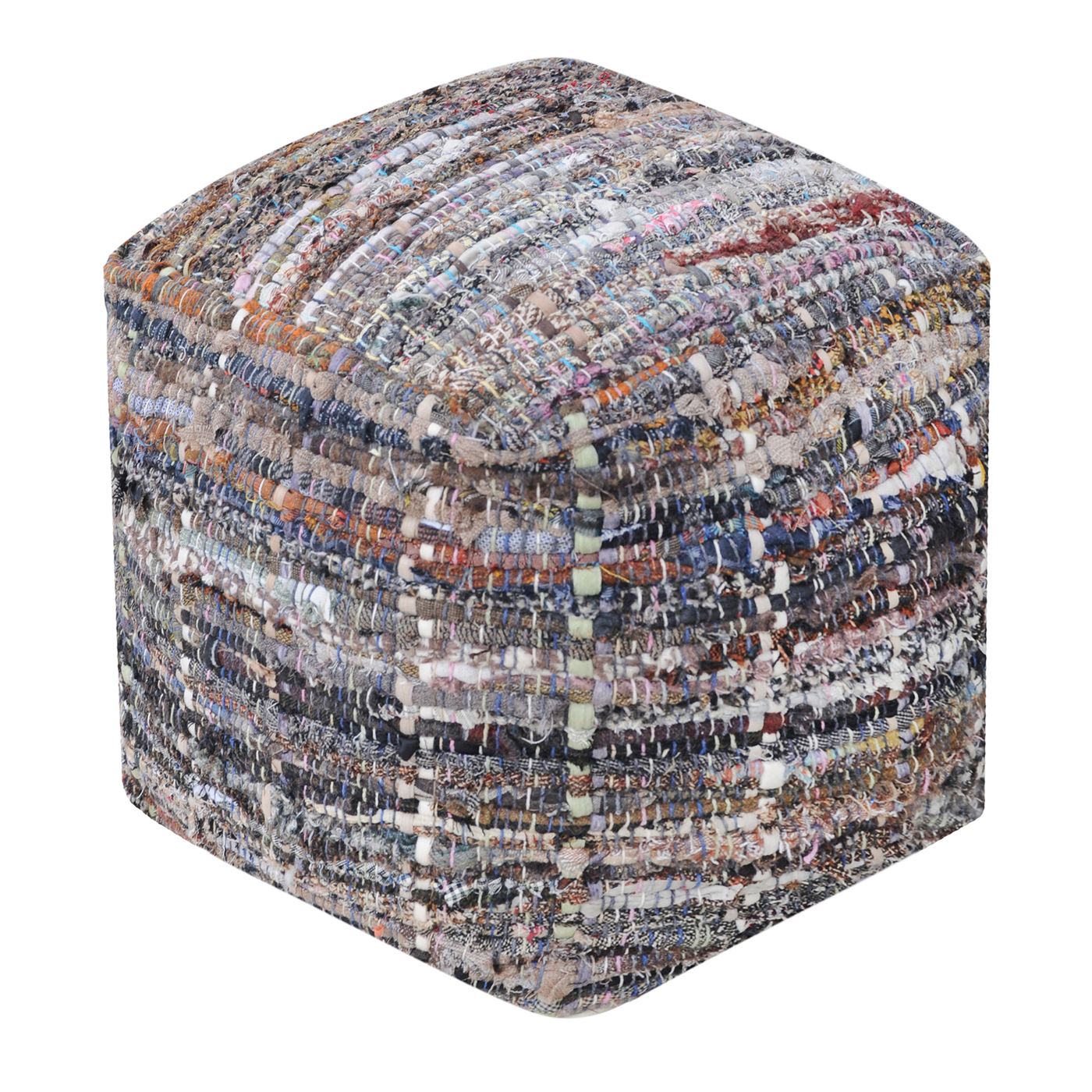 Harris Pouf, Recycled Cotton Fabric, Denim, Khaki, Pitloom, Flat Weave