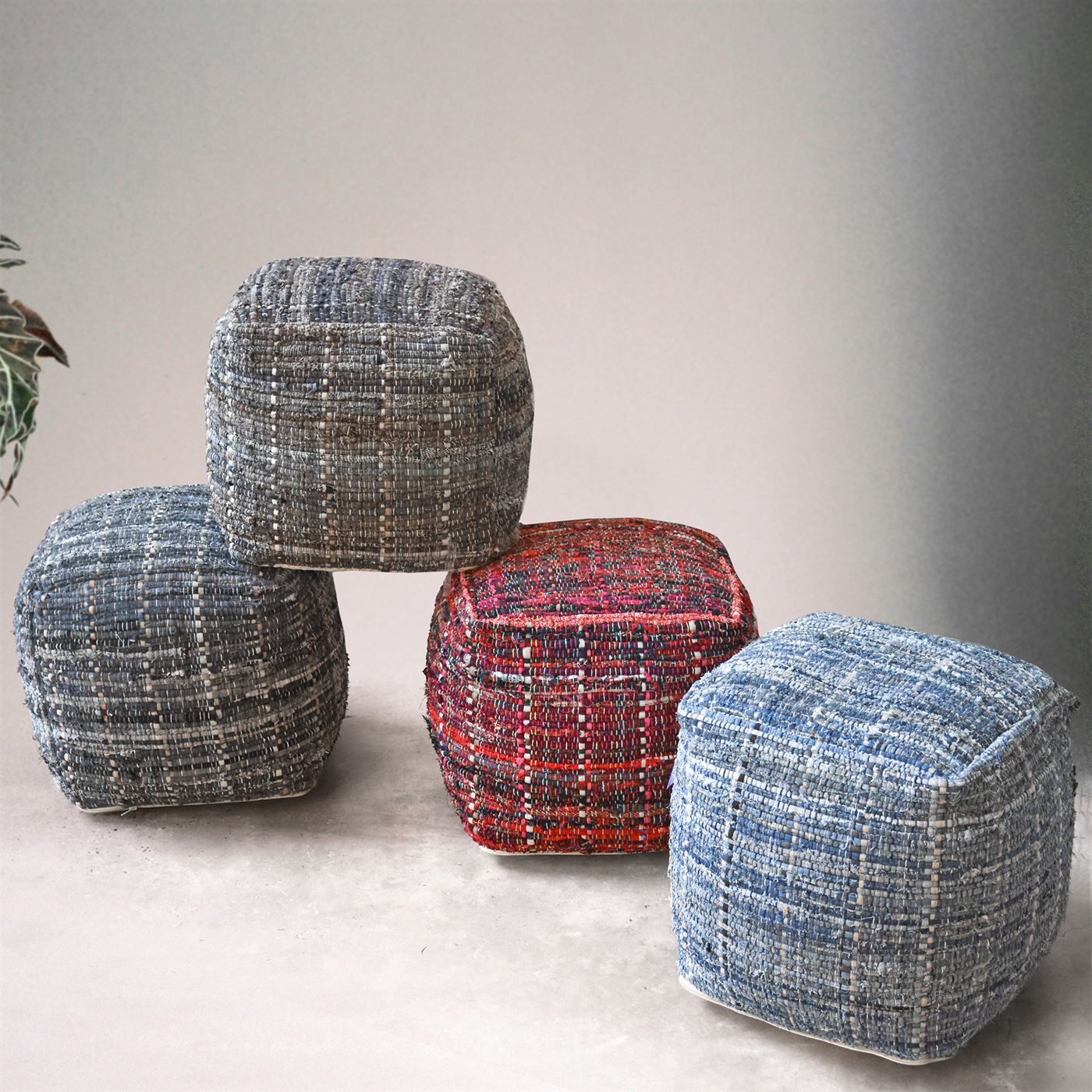 Harris Pouf, Recycled Cotton Fabric, Denim, Pitloom, Flat Weave