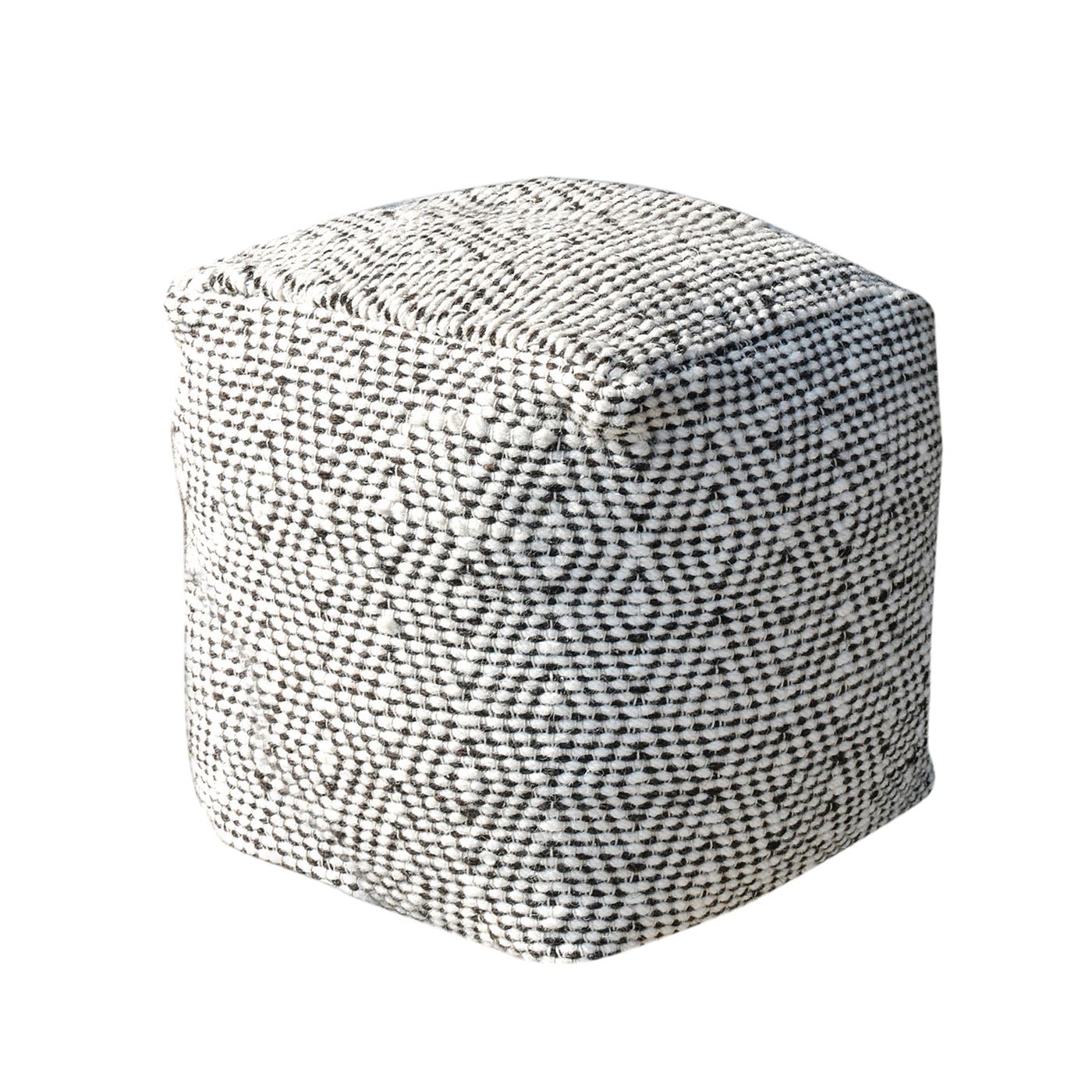 Hartney Pouf, Wool, Natural White, Charcoal, Pitloom, Flat Weave