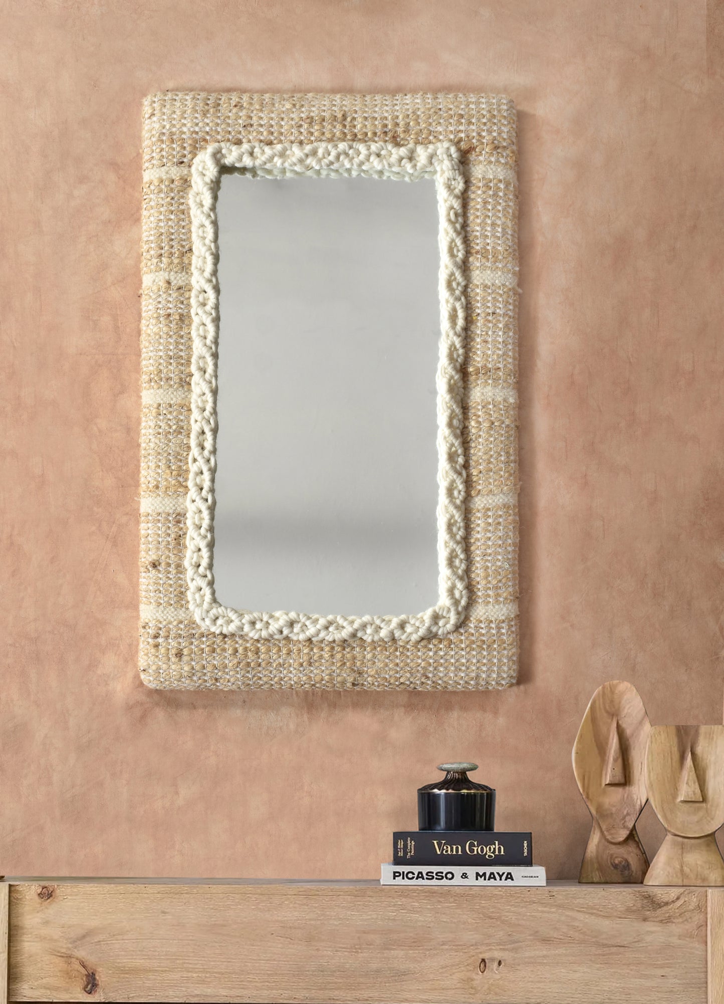 JABSHA WALL MIRROR - NATURAL/IVORY - HAND WOVEN - JUTE/WOOL & MDF