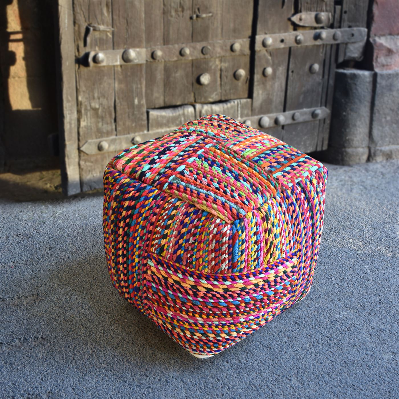 Jazzy Pouf, Recycled Fabric, Multi, Hm Stitching, Flat Weave