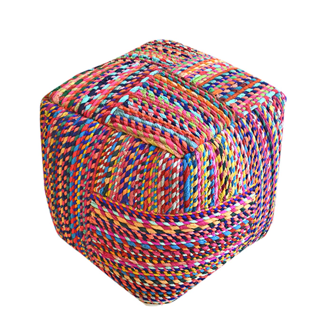 Jazzy Pouf, Recycled Fabric, Multi, Hm Stitching, Flat Weave