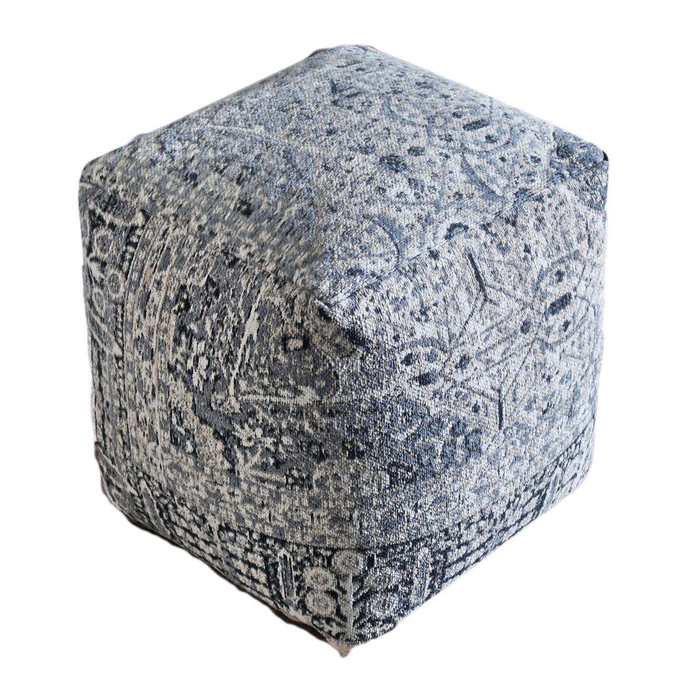 Jerdon Pouf, Cotton Chenille, Grey, Jaquard Durry, Flat Weave