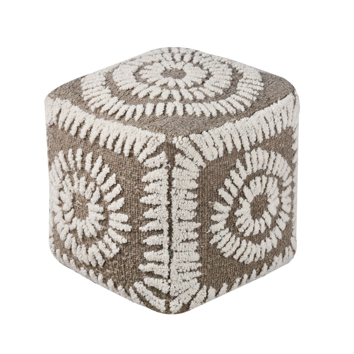 Jocelyn Pouf, Wool, Grey, Natural White, Hand woven, All Loop