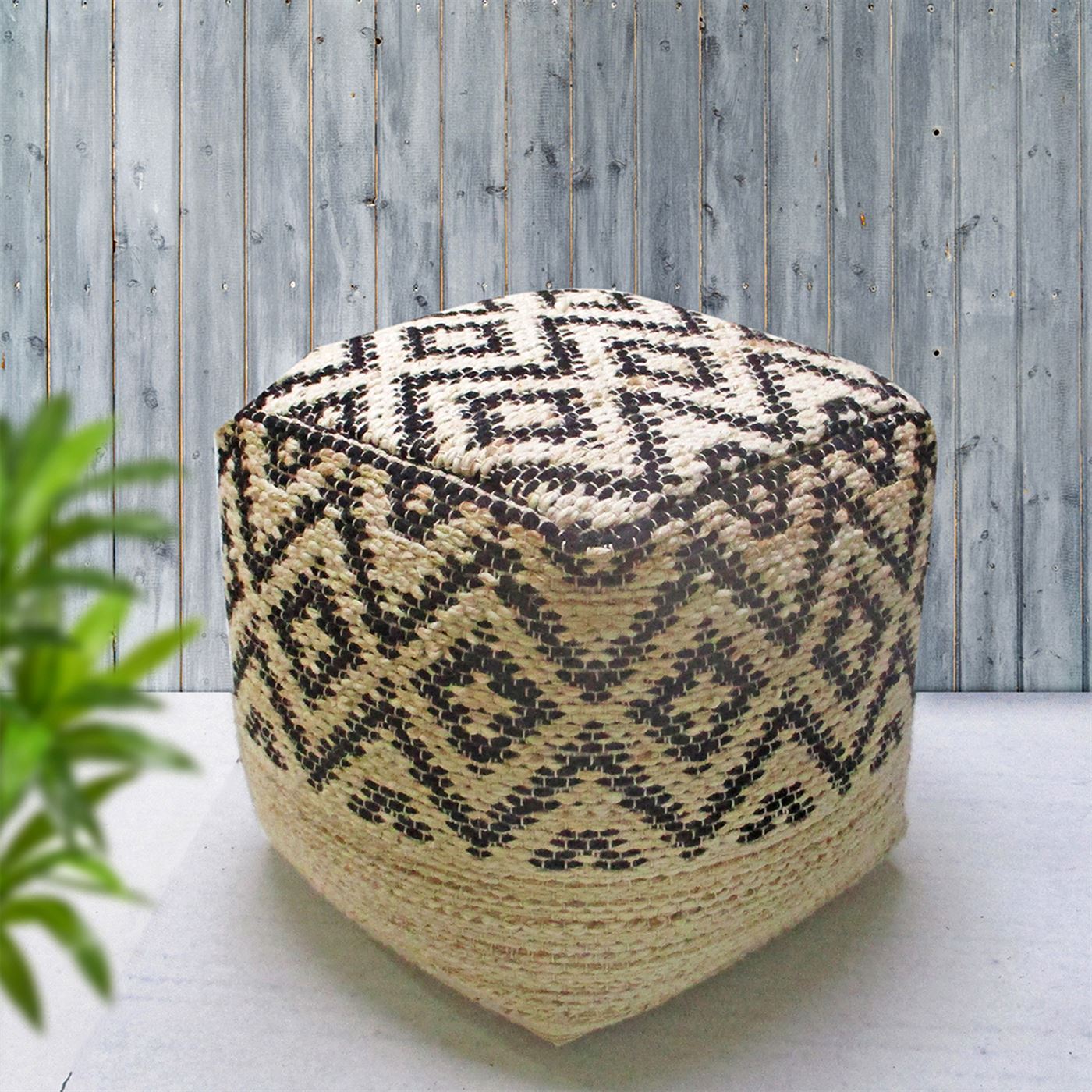 Kadoma Pouf, Wool, Hemp, Natural White, Charcoal, Pitloom, Flat Weave