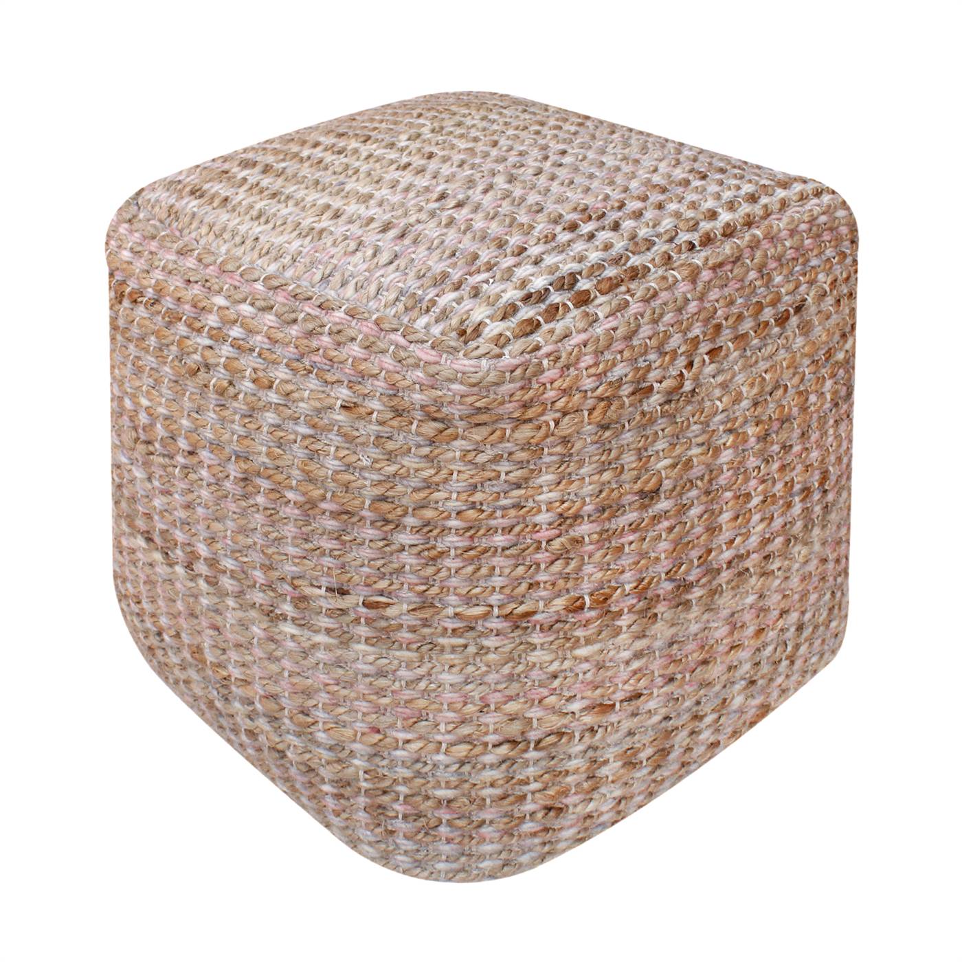 Kihnu Pouf, 40x40x40 cm, Natural, Multi, Jute, Wool Polyester Blend, Hand Woven, Pitloom, Flat Weave