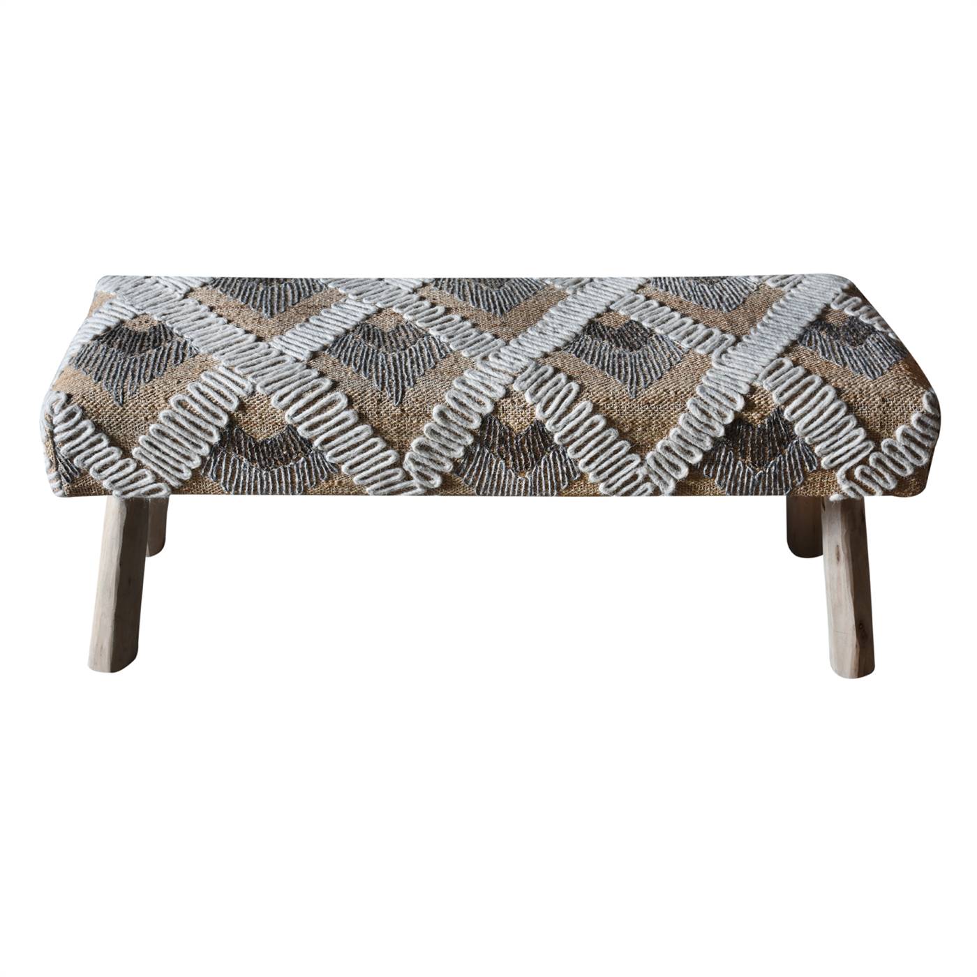 Kiryas Bench, 120x40x50 cm, Natural, Natural White, Jute, Wool, Hand Woven, Punja, Flat Weave