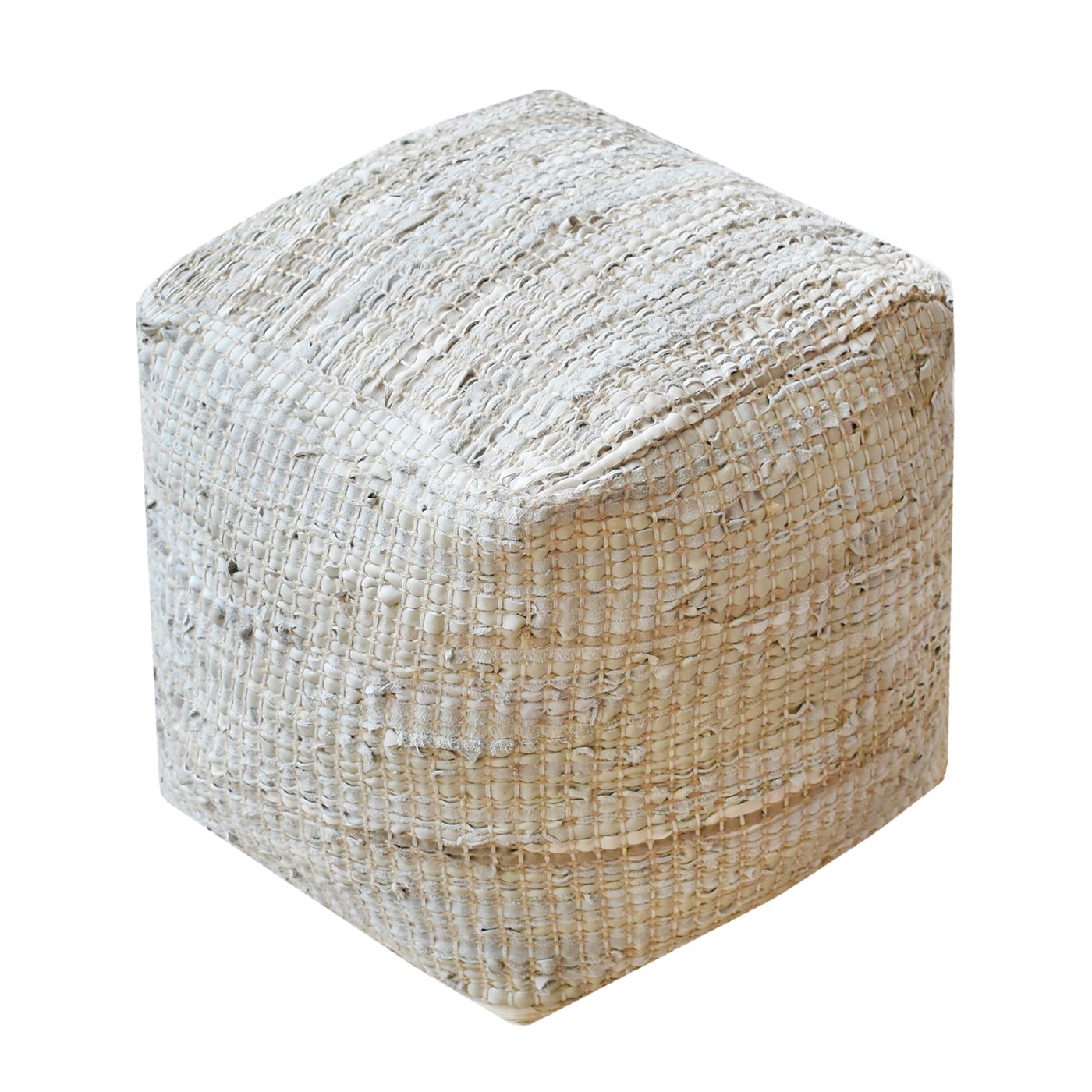 Konya Pouf, Leather, Hemp, Beige, Pitloom, Flat Weave 