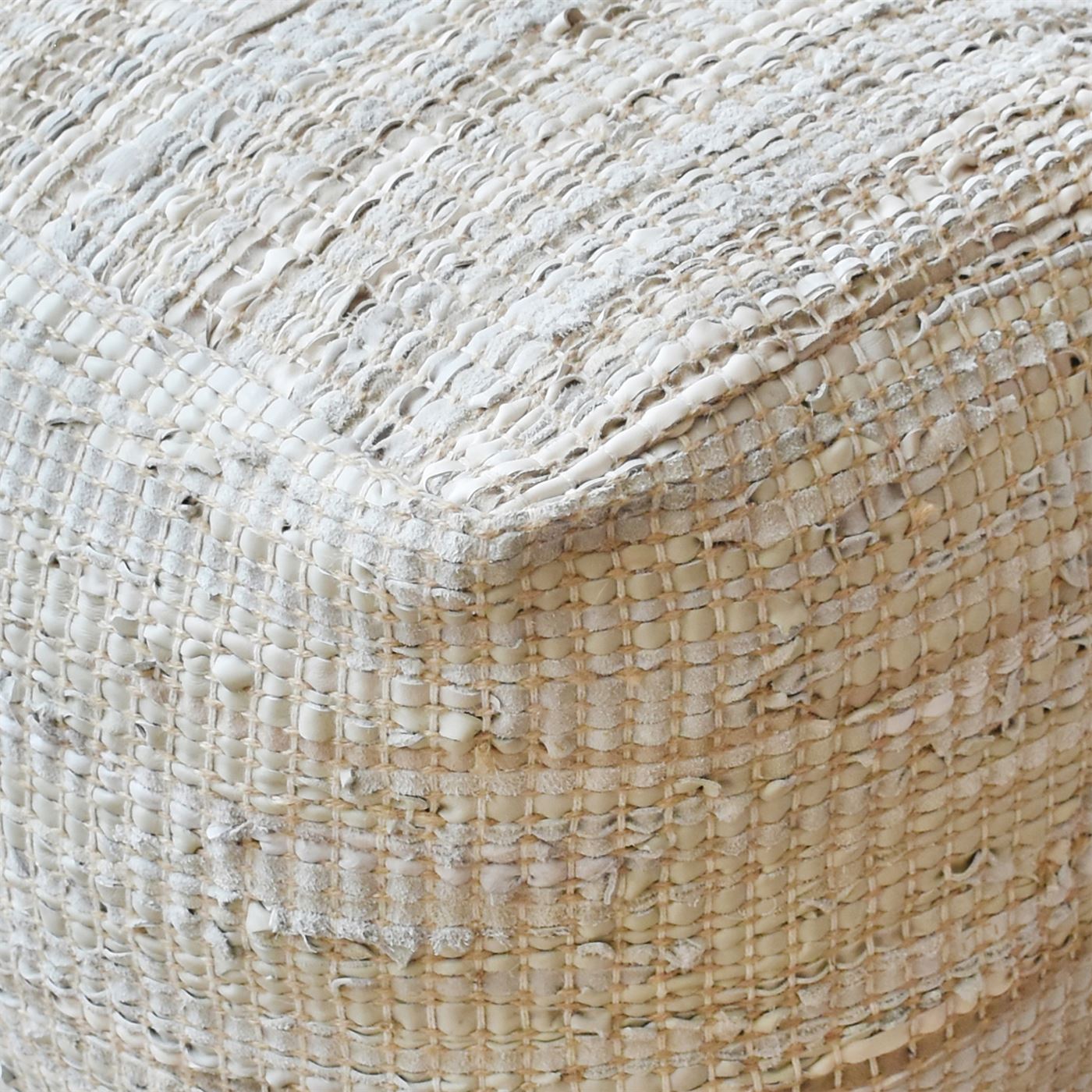 Konya Pouf, Leather, Hemp, Beige, Pitloom, Flat Weave 